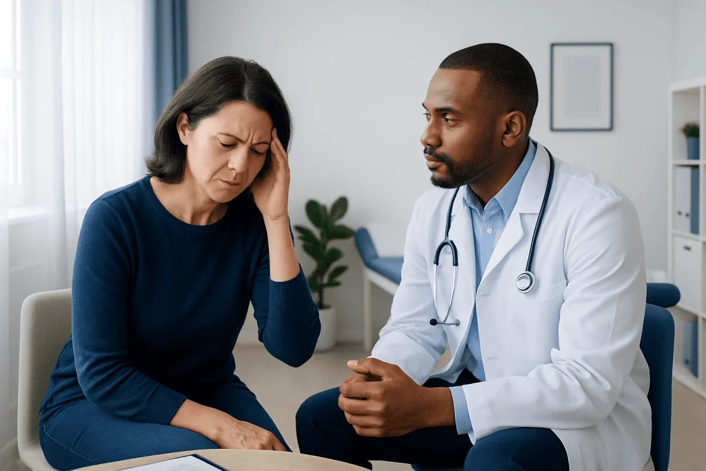 Woman experiencing headache consulting with doctor in clinic.