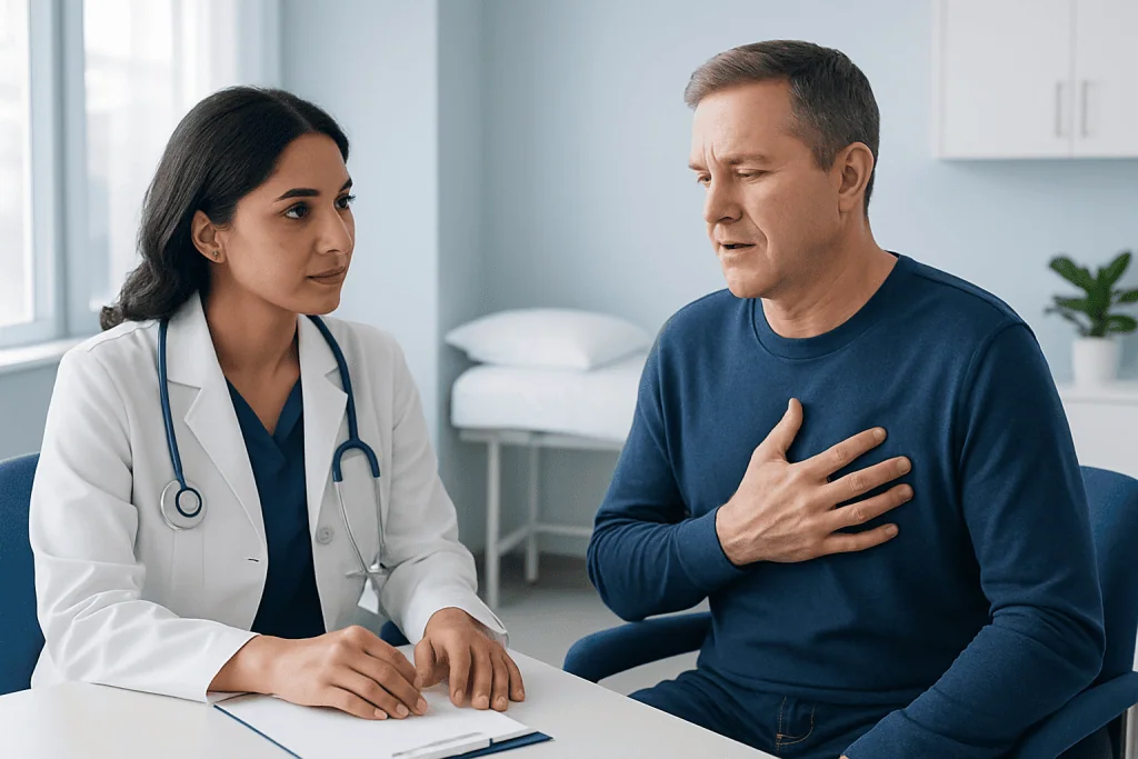 Doctor consulting with a patient experiencing chest pain in a medical office.
