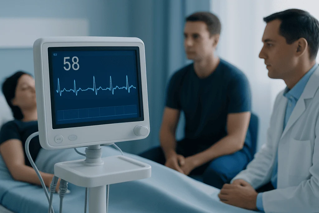 Medical professional monitoring a patient's heart rate during a check-up.