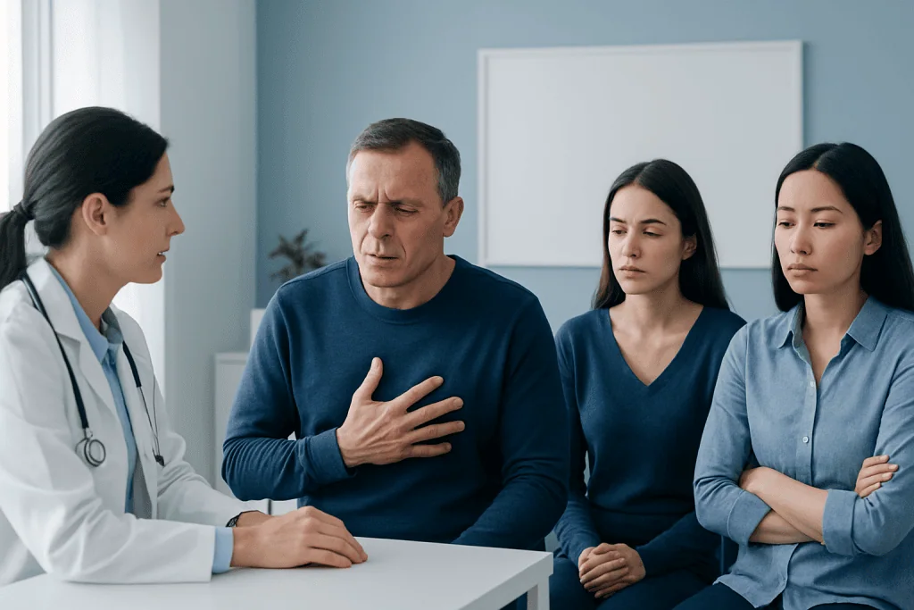 Patient experiencing chest pain consulting with doctor in hospital.
