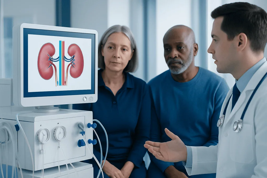 Doctor explaining kidney health to patients using medical monitor.