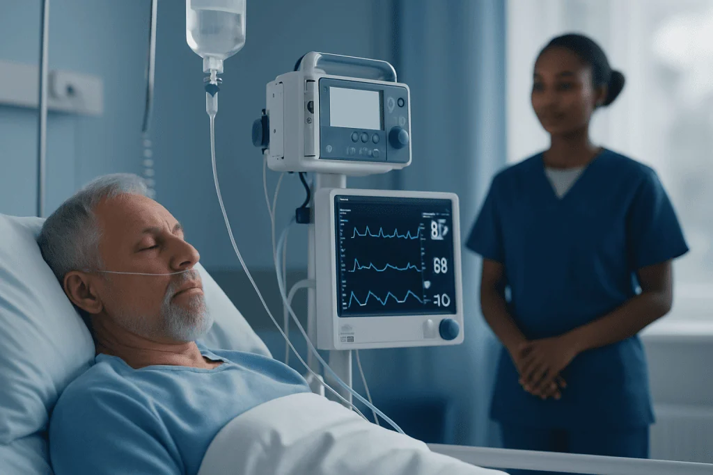 Patient in hospital bed connected to monitoring equipment for vital signs.