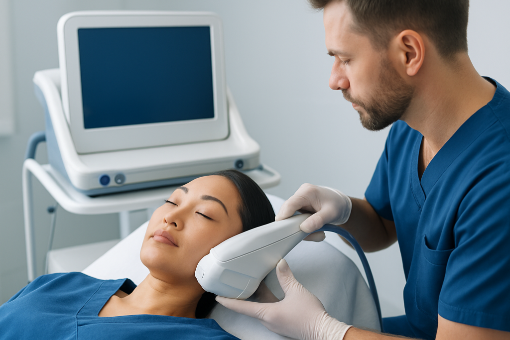HIFU treatment being performed on a woman in a medical clinic.