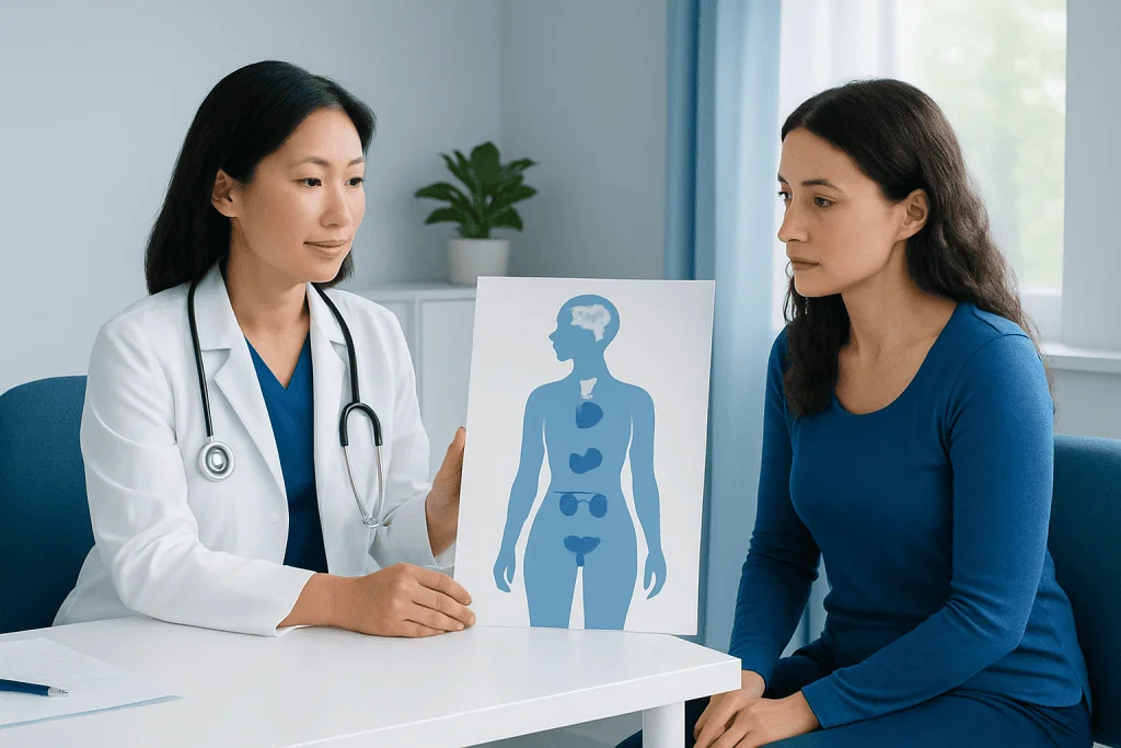 Doctor explaining endocrine system to patient with diagram.