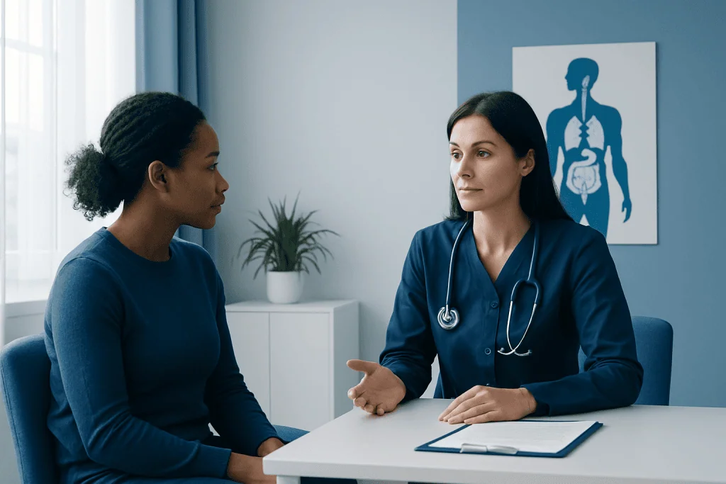 Doctor consulting patient about endocrine health in a medical office.