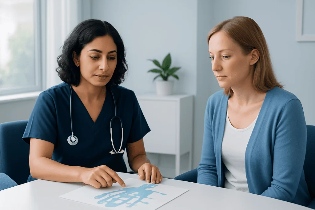 Doctor explaining thyroid scan to patient in consultation room.