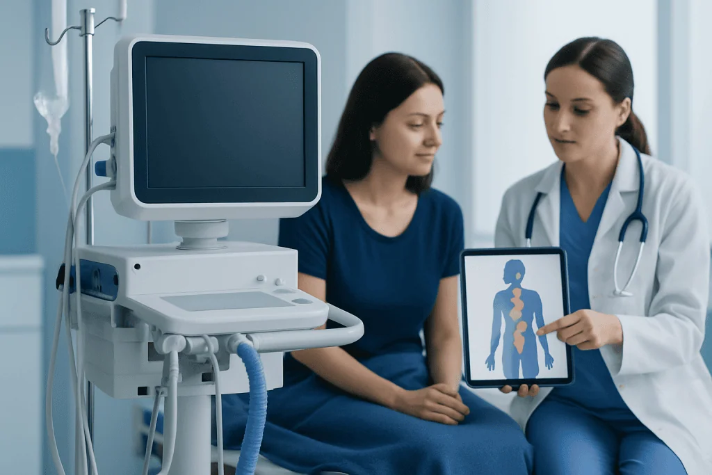 Doctor explaining hormonal system to patient with medical equipment in hospital.