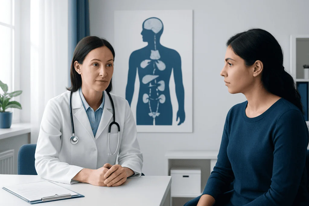 Doctor consulting patient in a medical office with human body diagram in background.