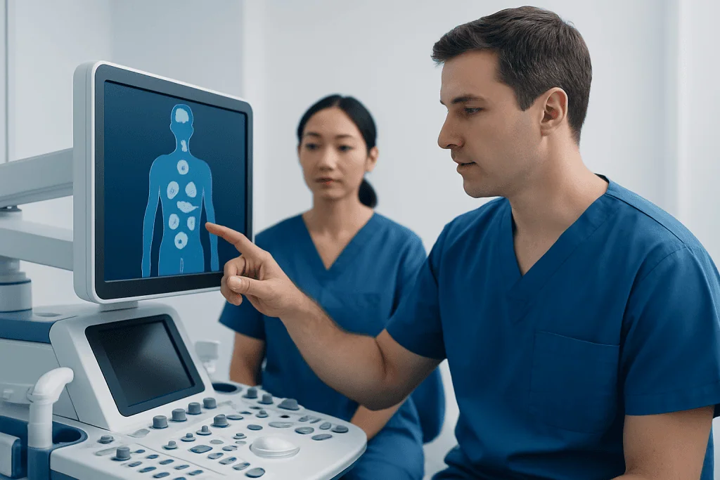 Medical professionals analyzing a body scan on a computer monitor.