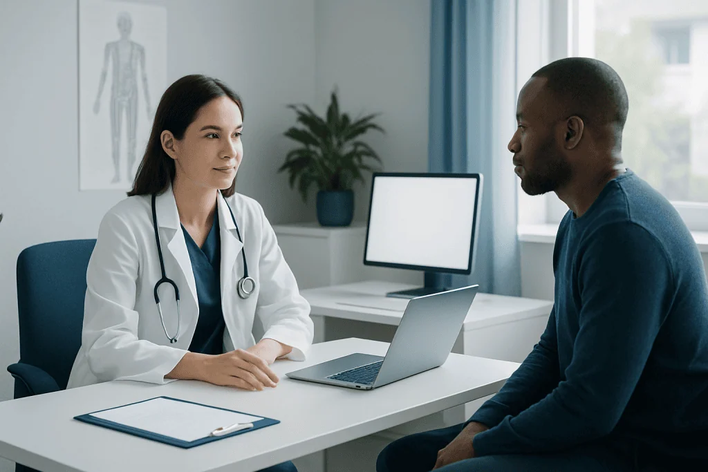 Doctor consulting with patient in a modern hospital office setting.
