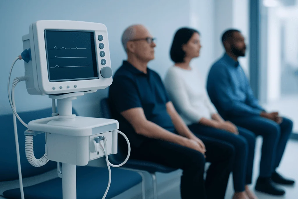 Patients waiting in a hospital corridor near medical monitoring equipment.