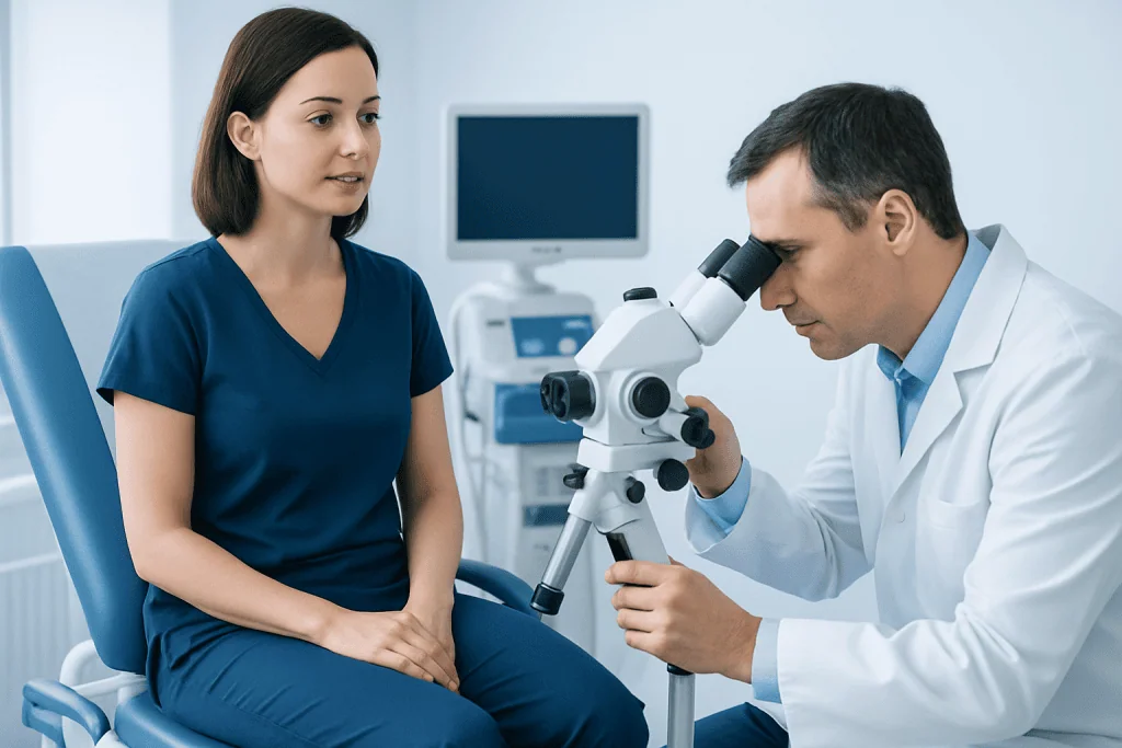 Doctor examining patient with microscope in a medical clinic.