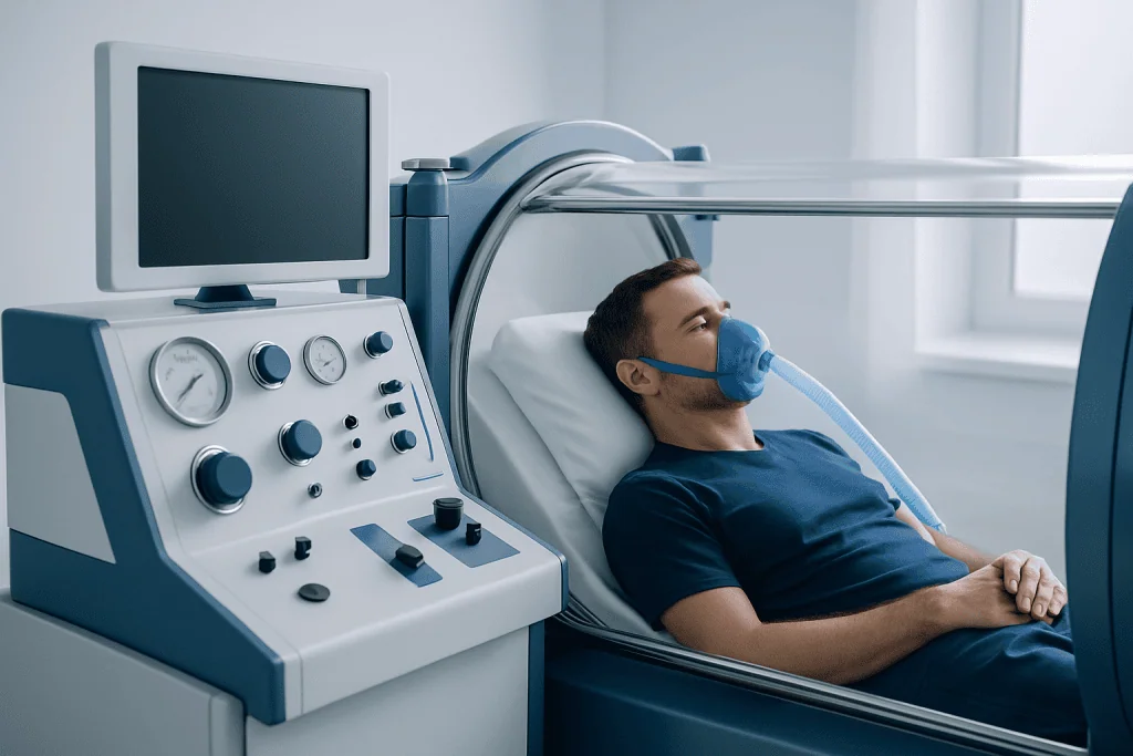 Patient undergoing hyperbaric oxygen therapy in a medical chamber at Acibadem Hospitals.