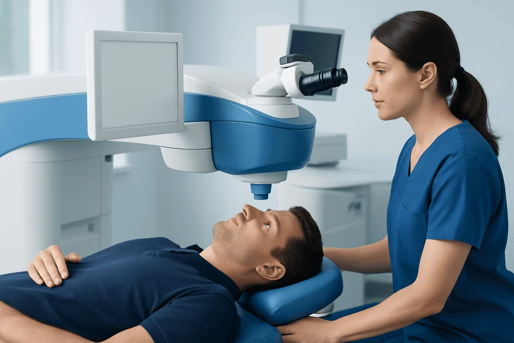 Ophthalmologist performing LASIK eye surgery in a modern clinic.