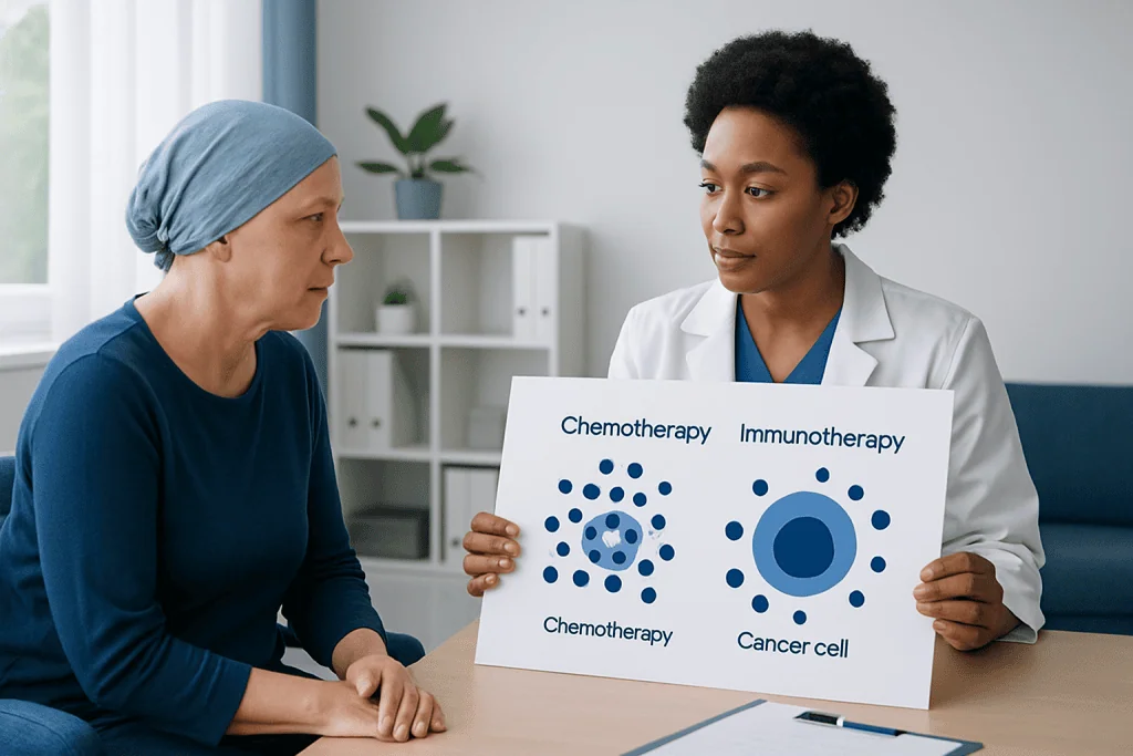 Doctor explains chemotherapy and immunotherapy to a patient with visual aids.