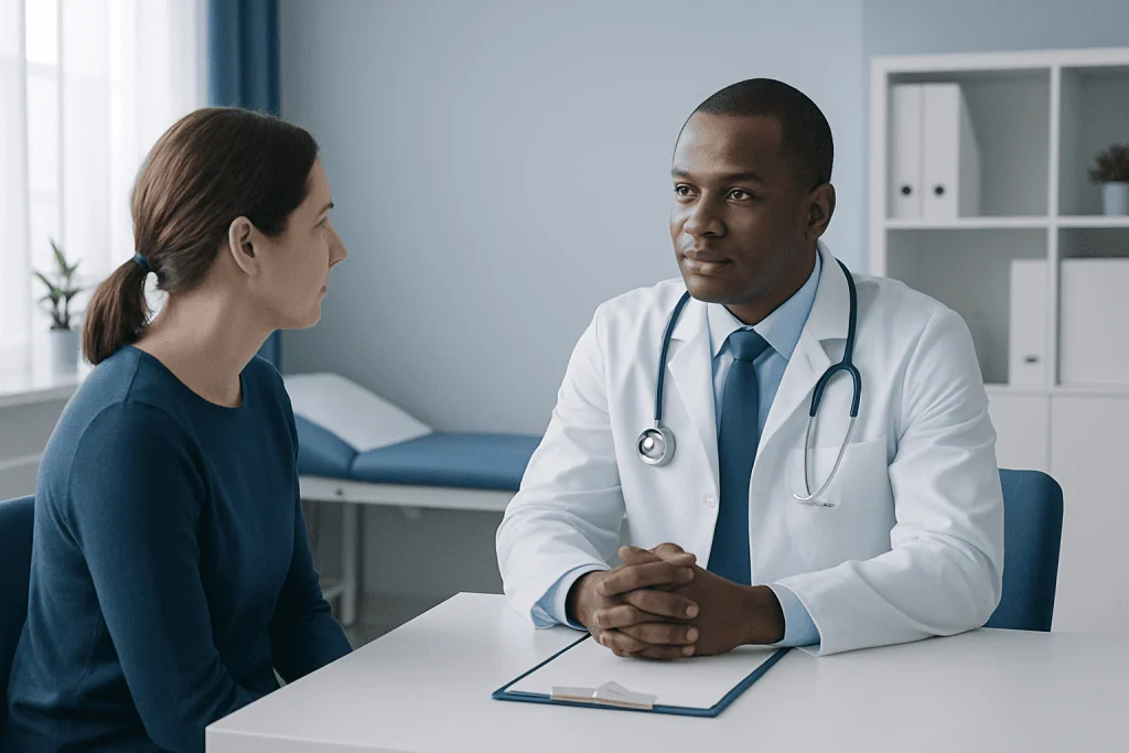 Doctor consulting with a patient in a medical office setting.