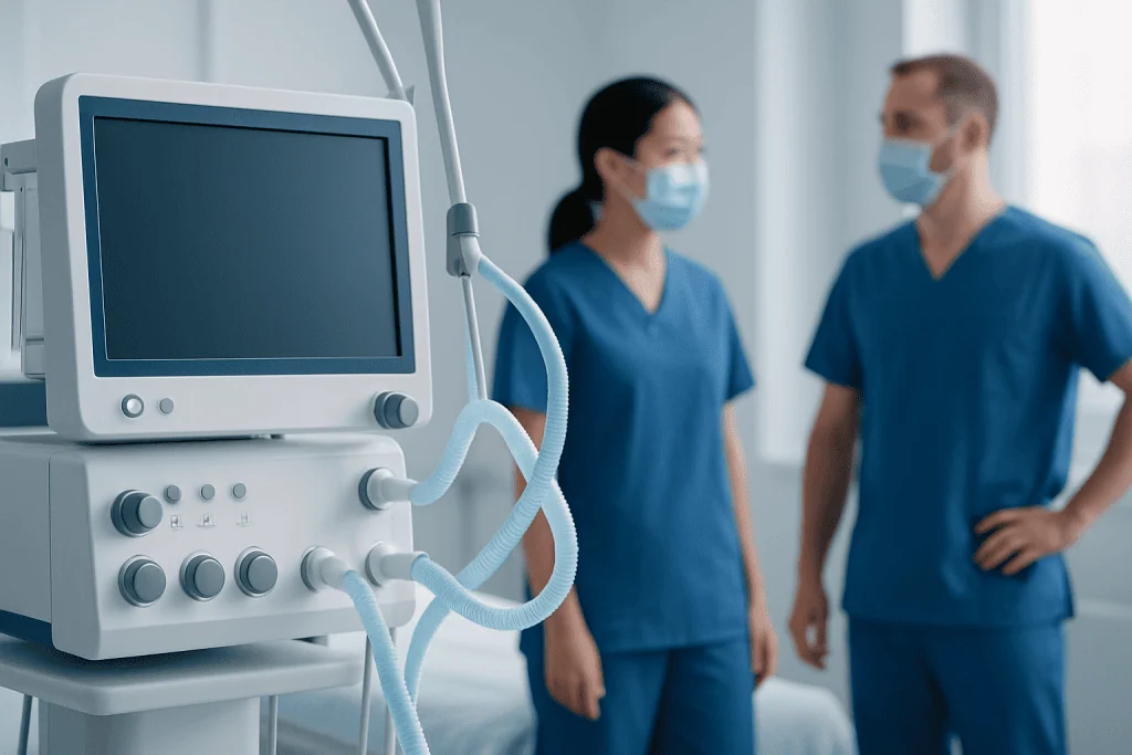 Medical ventilator machine in hospital with healthcare professionals in background.