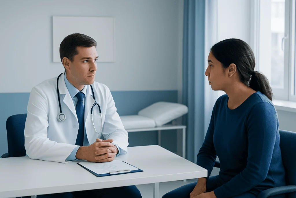 Doctor consulting with a female patient in a medical office.