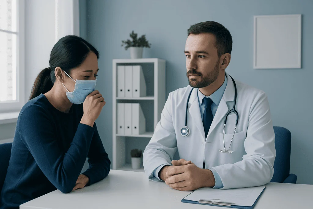 Doctor consulting with a patient wearing a mask in a medical office.