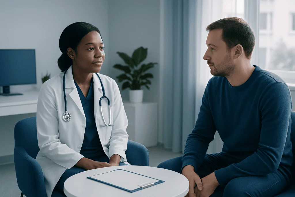 Doctor consulting with a patient in a modern hospital room.