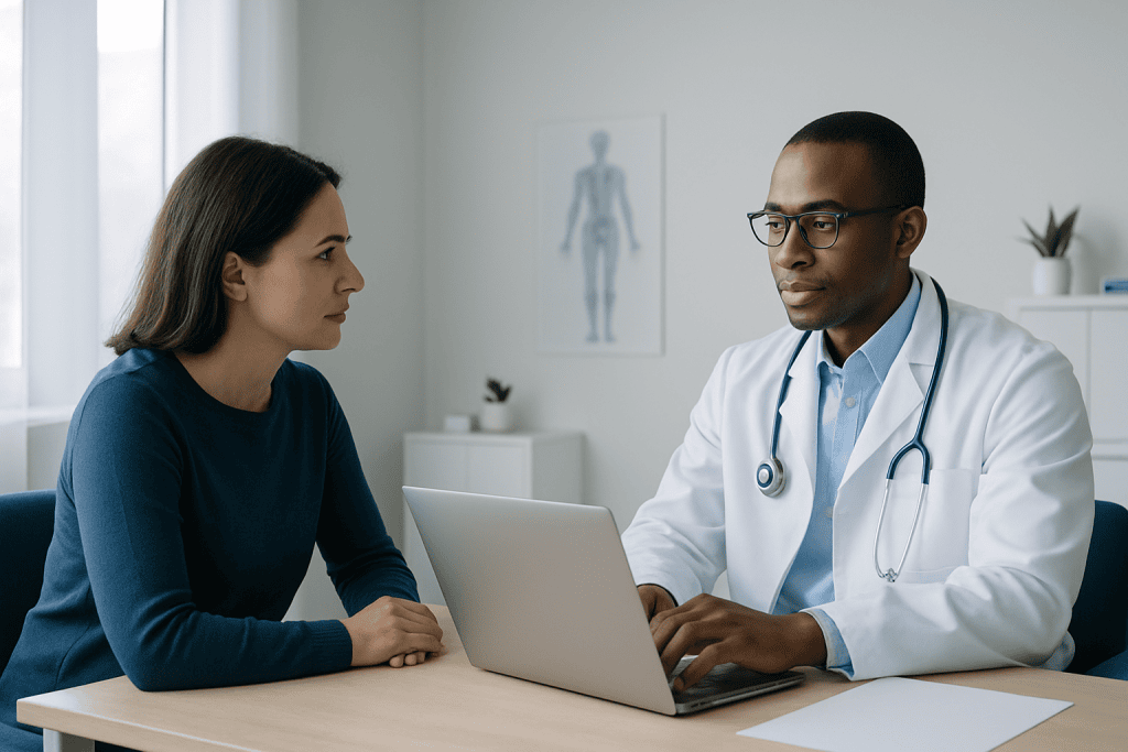 Doctor consulting with a patient in a modern medical office setting.