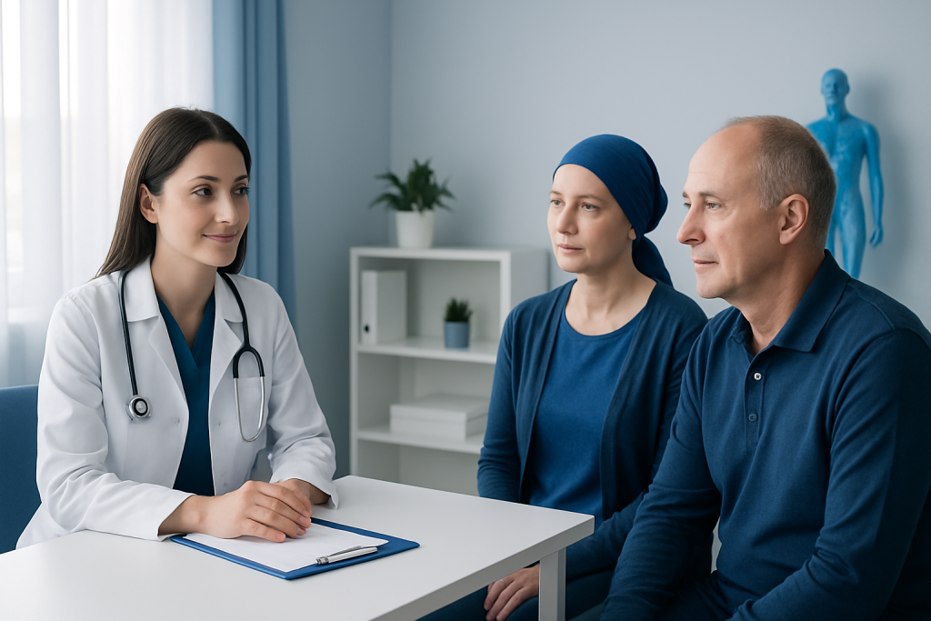 Doctor consulting with cancer patient and companion in a medical office.
