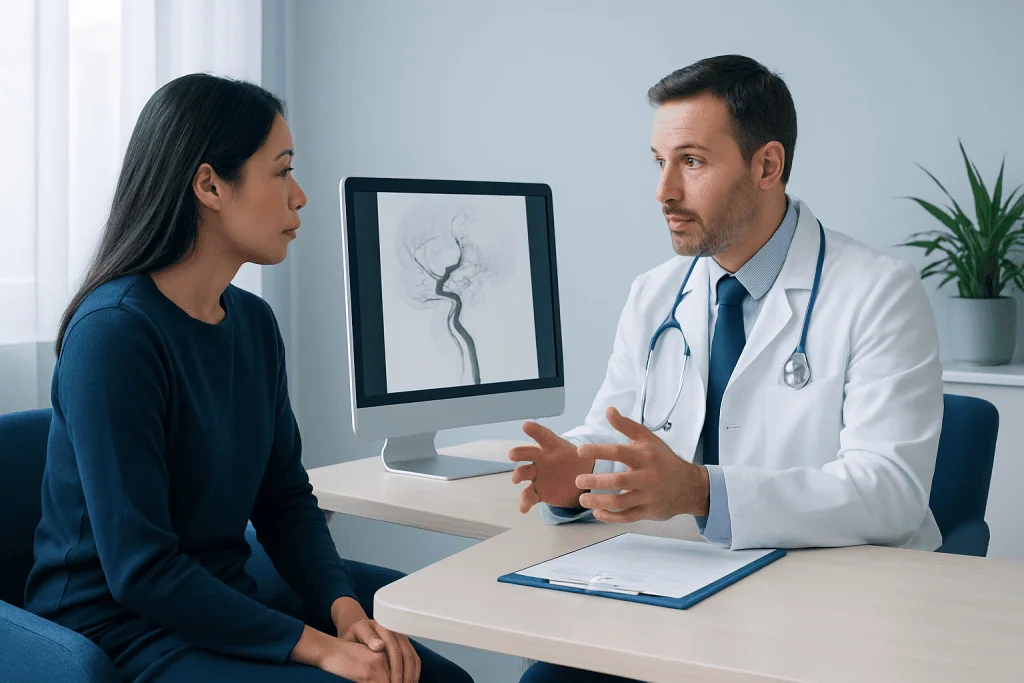 Doctor explaining brain angiogram to patient in consultation room.