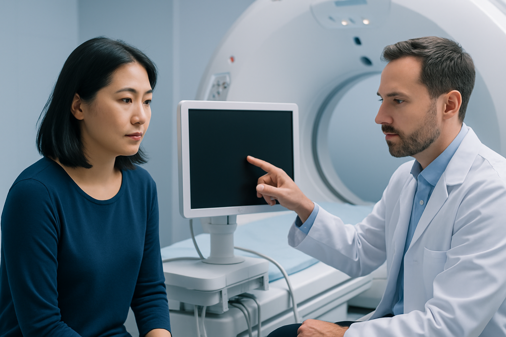 Doctor explaining MRI scan results to a patient in a hospital setting.