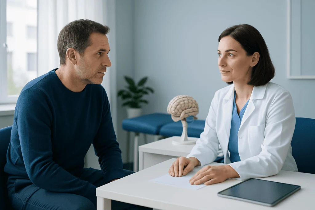 Doctor consulting patient in a medical office with brain model on desk.