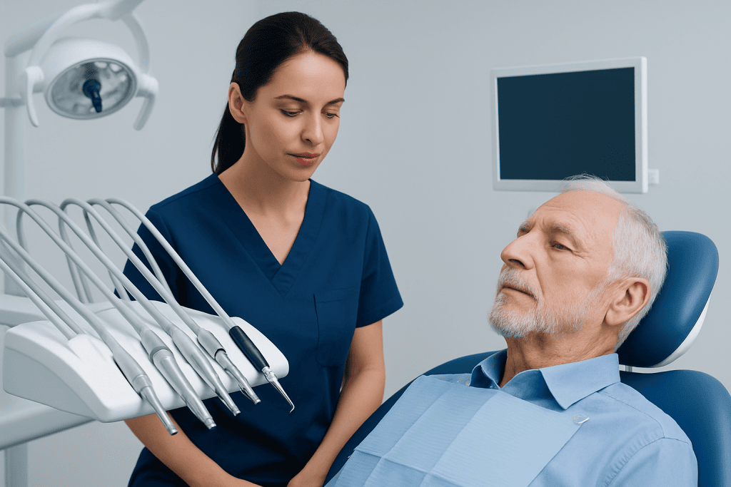 Dentist examining elderly patient's teeth in a modern dental clinic.