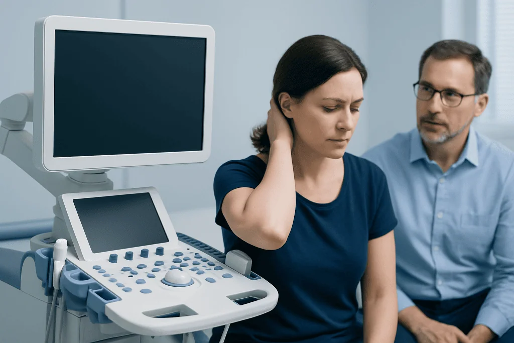 Woman experiencing neck pain during a medical consultation at Acibadem Hospital.