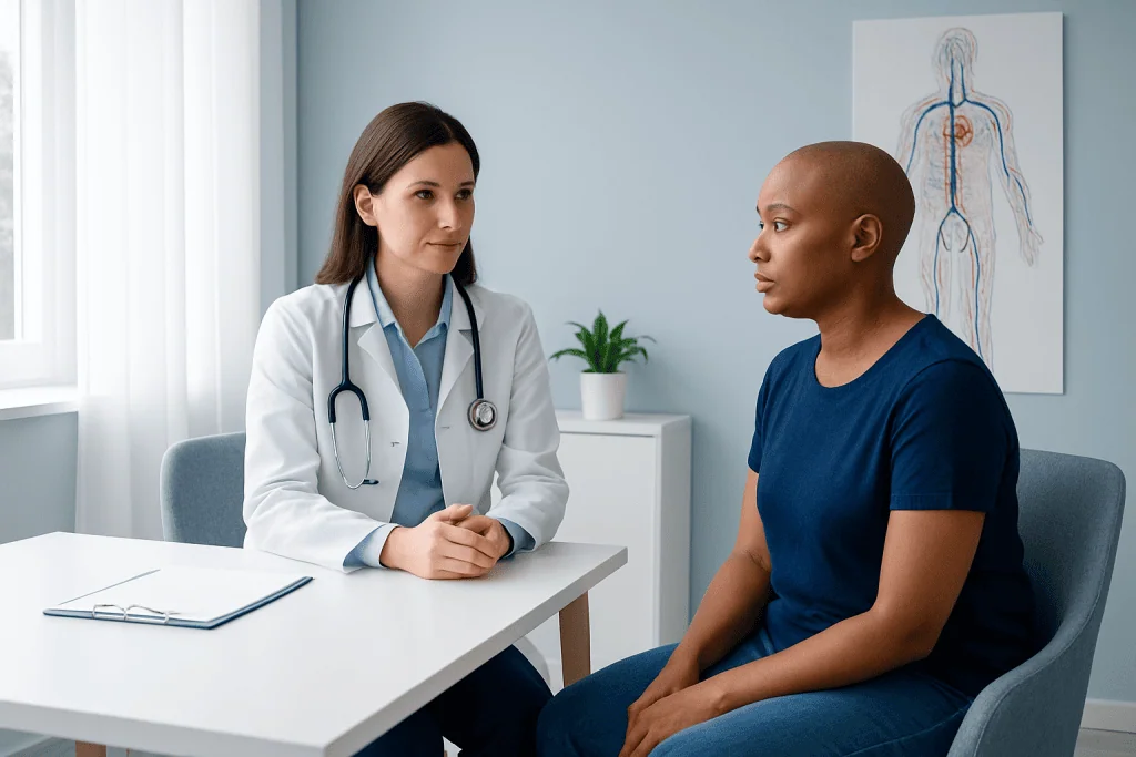 Doctor consulting with patient in a medical office setting.