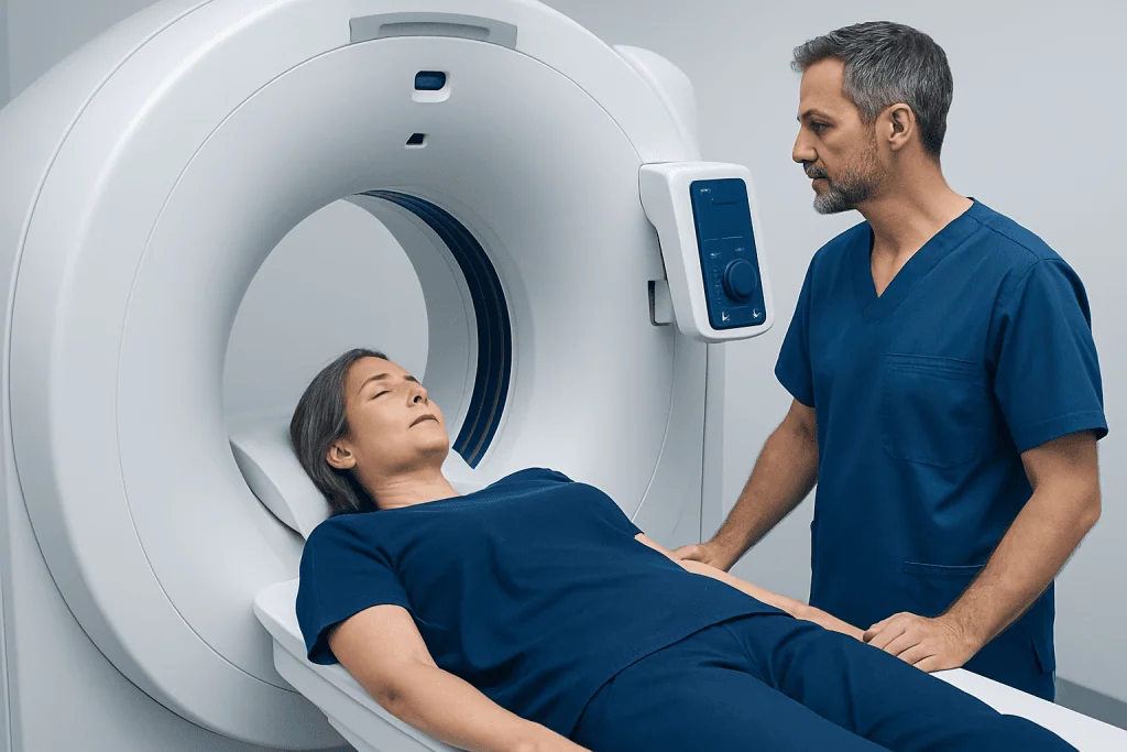 Patient undergoing a CT scan at Acibadem Hospital with medical staff present.