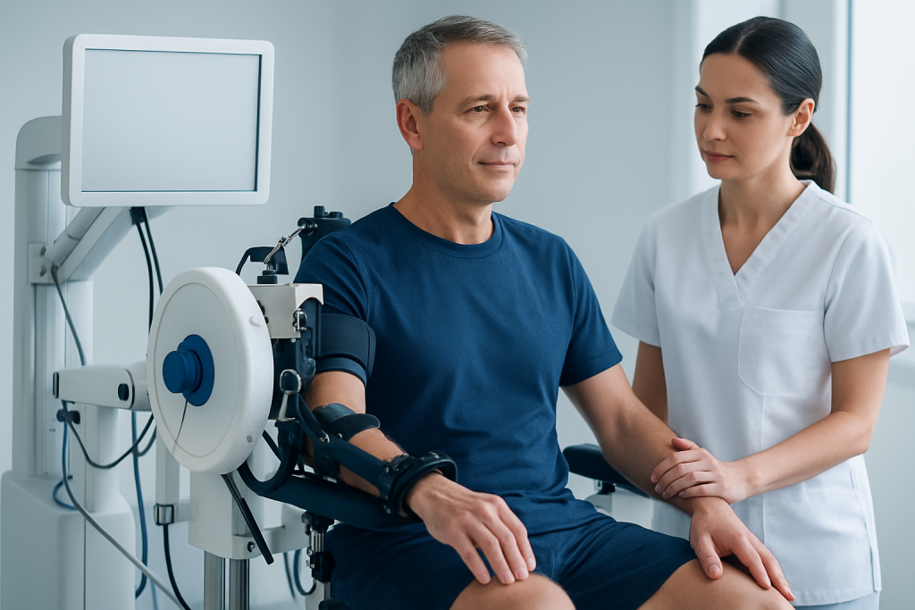 Patient undergoing physical therapy with specialized equipment at Acibadem Hospital.