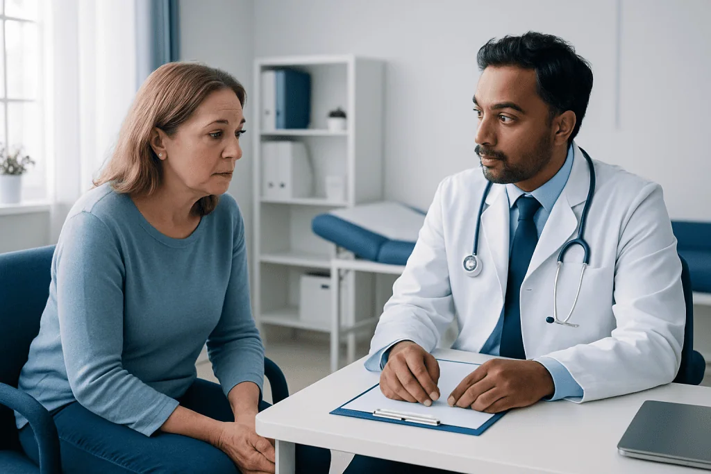 Doctor consulting with a female patient in a medical office setting.