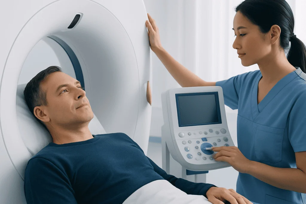 Patient undergoing a CT scan at Acibadem Hospital for pre-travel medical review.