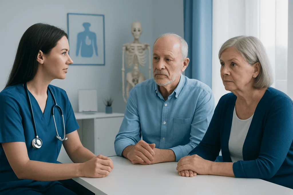 Doctor consulting with elderly couple in a medical office.