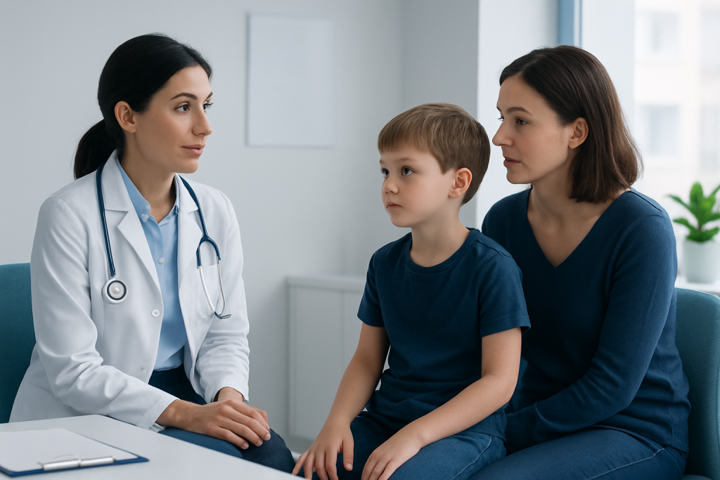 Doctor consulting with a mother and child in a medical office.