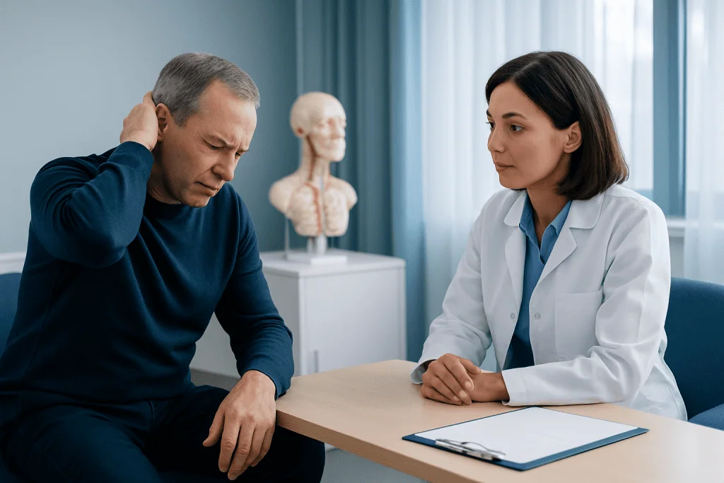 Doctor consulting with patient about occipital nerve stimulation for headache relief.