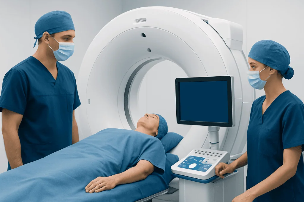Medical professionals operate an intraoperative CT scanner during surgery.
