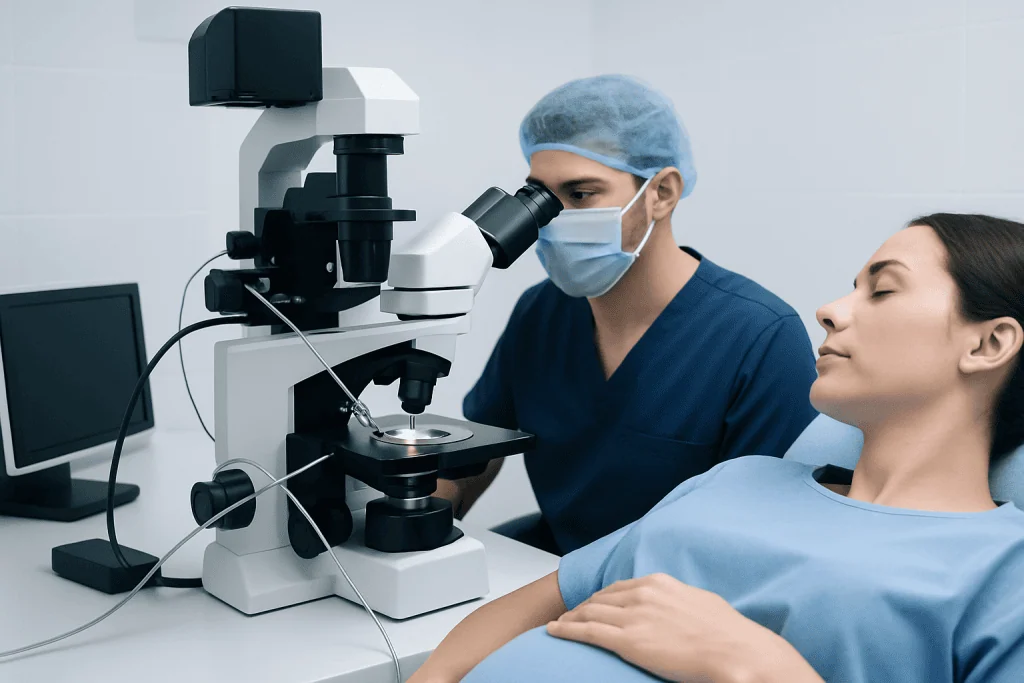 Medical professional examining patient with microscope in clinic.