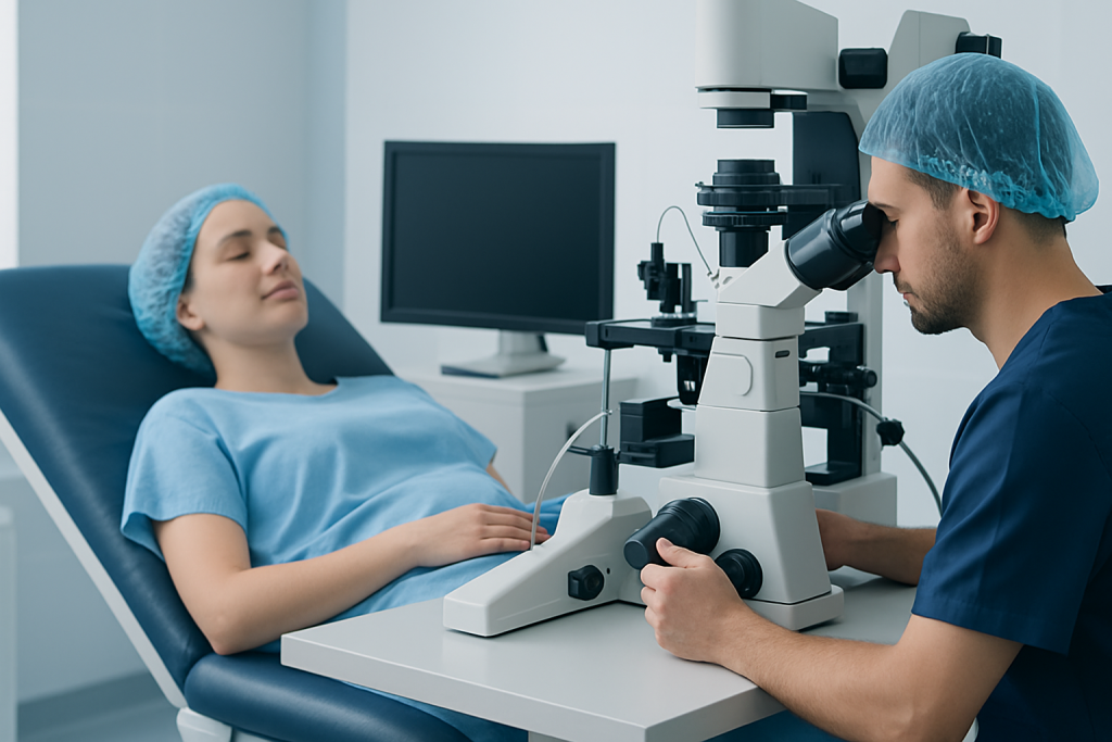 Fertility specialist examines patient with microscope in clinic.