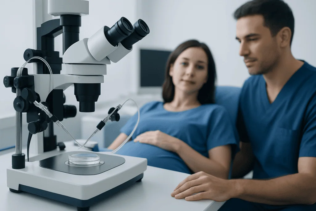 Doctor and patient in a medical consultation with a microscope in the foreground.