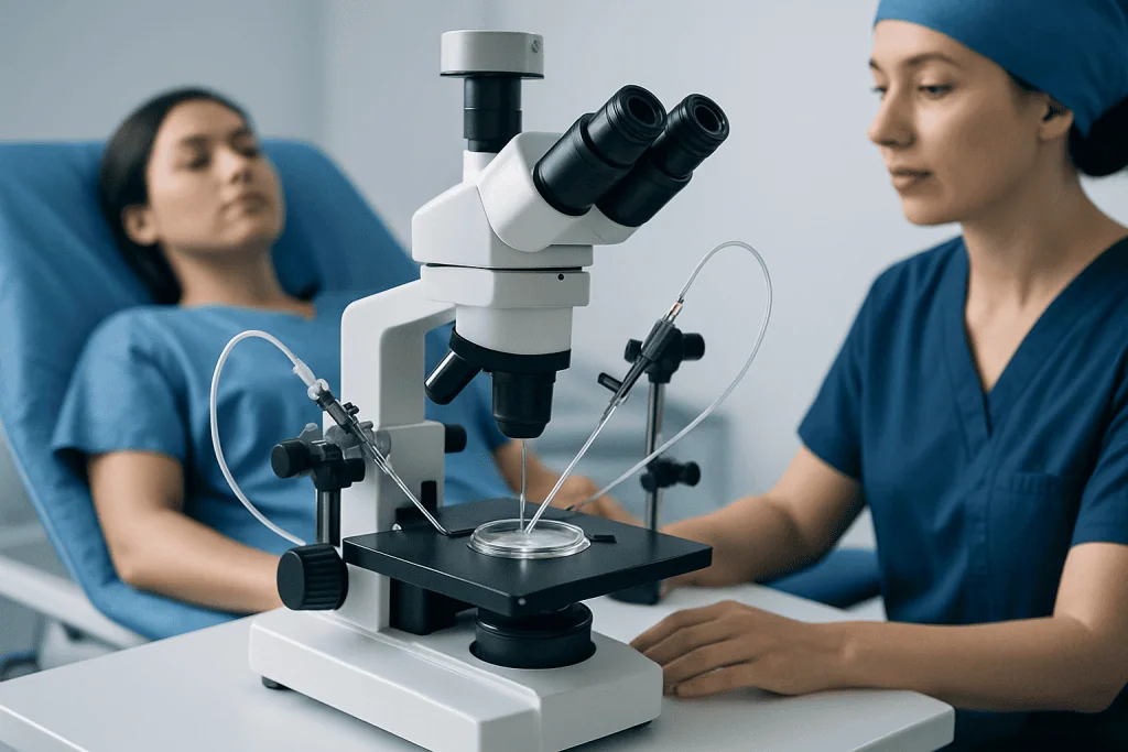 Medical professionals perform IVF procedure in a clinical setting.