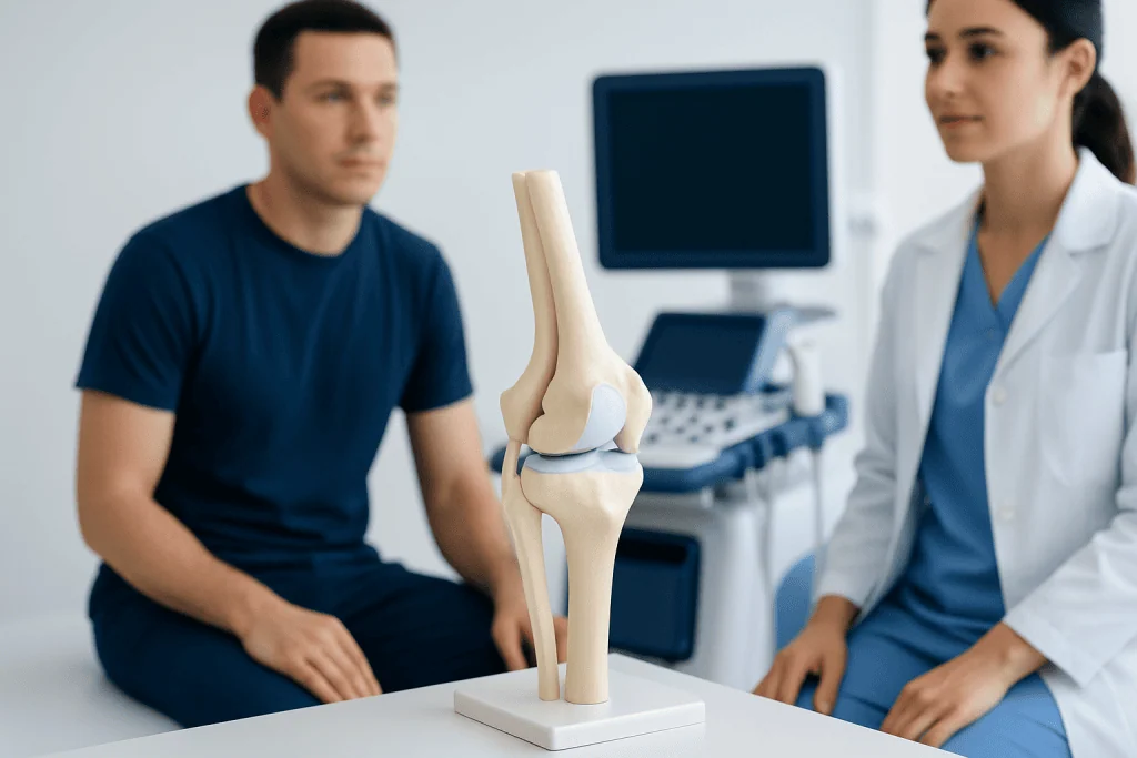 Medical professional explaining knee joint model to patient in clinic.