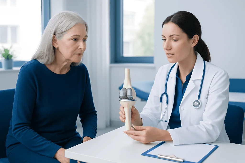Doctor explaining knee joint model to elderly woman in consultation room.