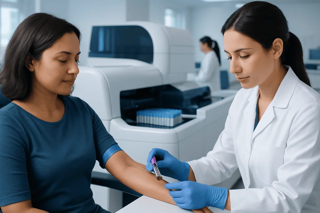 Medical professional drawing blood from a patient in a modern lab setting.