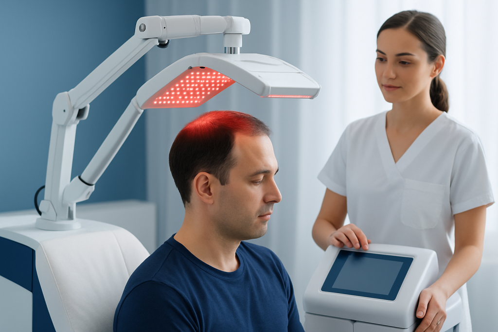 Patient undergoing laser hair therapy treatment at Acibadem Hospital.