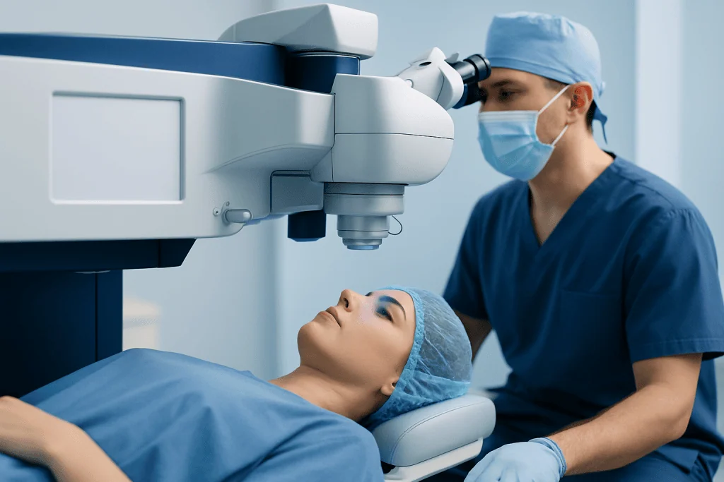 Surgeon performing LASIK eye surgery with advanced laser equipment.