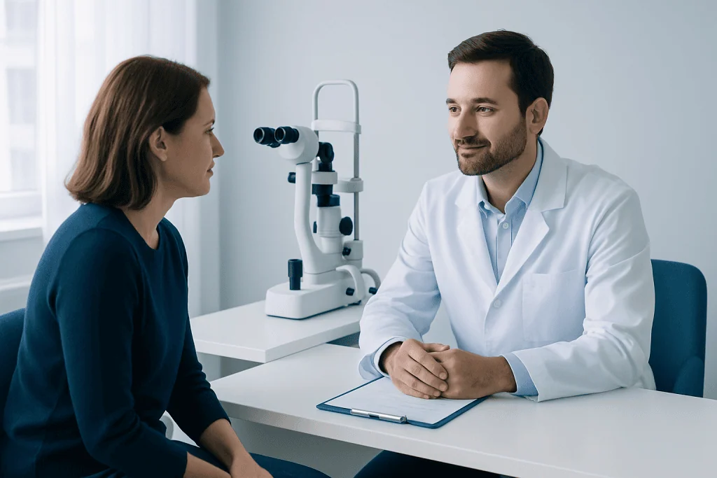 Ophthalmologist consulting patient about eye health and vision correction options.